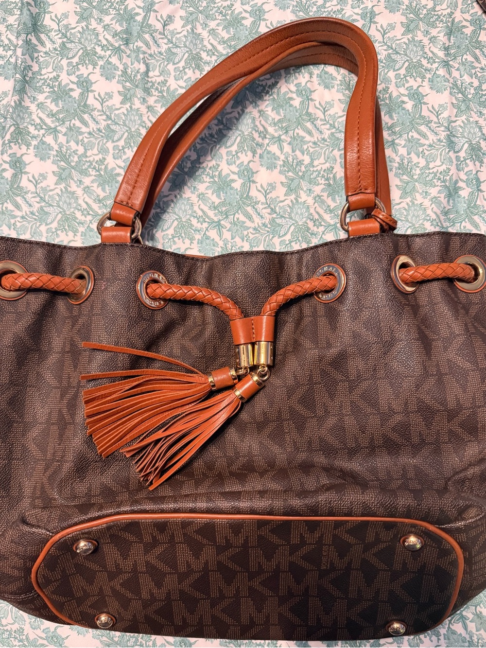 Michael Kors Brown Logo Shoulder Tote with Tan Trim and Tassel